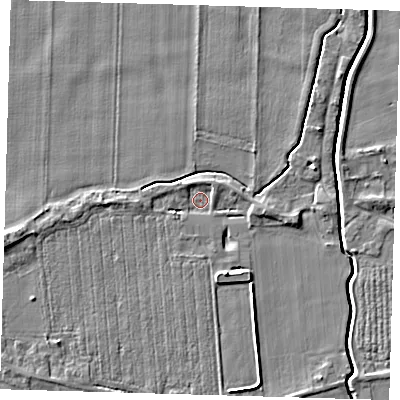 Shaded relief map of the ground around PE128DQ, computed from Environment Agency LiDAR. The ground here sits at about 3 m above sea level and falls 5 m across the surrounding 800 m. Surface water reaching this point runs off ground lying to the south-south-east, 3.4 m higher.