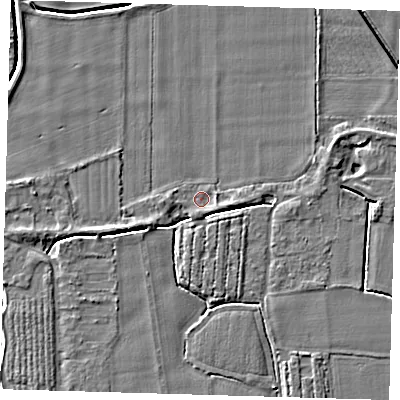 Shaded relief map of the ground around PE128DS, computed from Environment Agency LiDAR. The ground here sits at about 3 m above sea level and falls 4 m across the surrounding 800 m. Surface water reaching this point runs off ground lying to the east-south-east, 1.3 m higher.