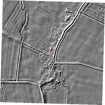 Shaded relief map of the ground around PE128DU, computed from Environment Agency LiDAR. The ground here sits at about 3 m above sea level and falls 3 m across the surrounding 800 m. Surface water reaching this point runs off ground lying to the south, 2.1 m higher.
