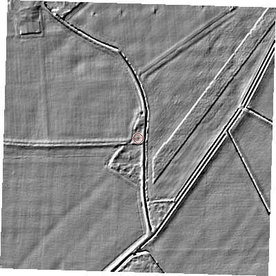Shaded relief map of the ground around PE128DY, computed from Environment Agency LiDAR. The ground here sits at about 4 m above sea level and falls 2 m across the surrounding 800 m. Surface water reaching this point runs off ground lying to the south, 1.6 m higher.
