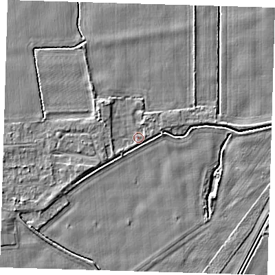 Shaded relief map of the ground around PE128DZ, computed from Environment Agency LiDAR. The ground here sits at about 4 m above sea level and falls 3 m across the surrounding 800 m. Surface water reaching this point runs off ground lying to the south-west, 0.7 m higher.