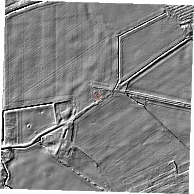 Shaded relief map of the ground around PE128ED, computed from Environment Agency LiDAR. The ground here sits at about 4 m above sea level and falls 3 m across the surrounding 800 m. Surface water reaching this point runs off ground lying to the south-west, 0.8 m higher.
