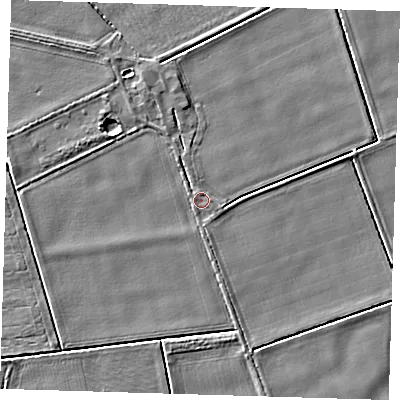 Shaded relief map of the ground around PE128EE, computed from Environment Agency LiDAR. The ground here sits at about 4 m above sea level and falls 3 m across the surrounding 800 m. Surface water reaching this point runs off ground lying to the south, 0.7 m higher.