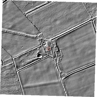 Shaded relief map of the ground around PE128EF, computed from Environment Agency LiDAR. The ground here sits at about 4 m above sea level and falls 3 m across the surrounding 800 m. Surface water reaching this point runs off ground lying to the north, 1.7 m higher.