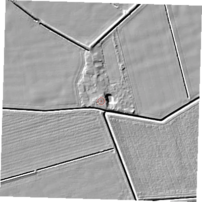 Shaded relief map of the ground around PE128EG, computed from Environment Agency LiDAR. The ground here sits at about 4 m above sea level and falls 4 m across the surrounding 800 m. Surface water reaching this point runs off ground lying to the north-north-east, 3.4 m higher.
