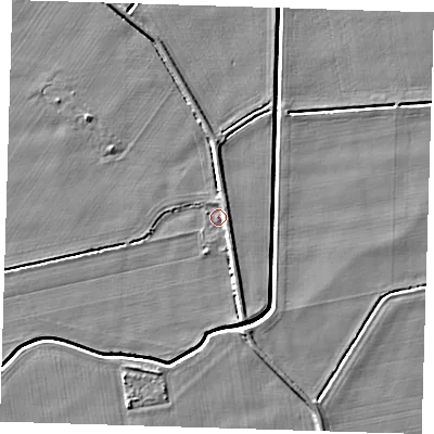 Shaded relief map of the ground around PE128EJ, computed from Environment Agency LiDAR. The ground here sits at about 3 m above sea level and falls 4 m across the surrounding 800 m. Surface water reaching this point runs off ground lying to the south-east, 2.1 m higher.