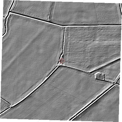 Shaded relief map of the ground around PE128EP, computed from Environment Agency LiDAR. The ground here sits at about 4 m above sea level and falls 3 m across the surrounding 800 m. Surface water reaching this point runs off ground lying to the south, 1.1 m higher.