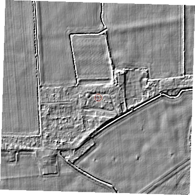 Shaded relief map of the ground around PE128ER, computed from Environment Agency LiDAR. The ground here sits at about 4 m above sea level and falls 3 m across the surrounding 800 m. Surface water reaching this point runs off ground lying to the east-north-east, 1.2 m higher.