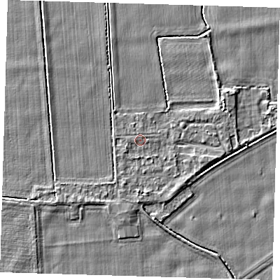 Shaded relief map of the ground around PE128EU, computed from Environment Agency LiDAR. The ground here sits at about 4 m above sea level and falls 3 m across the surrounding 800 m. Surface water reaching this point runs off ground lying to the south, 1.2 m higher.
