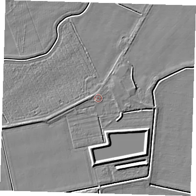 Shaded relief map of the ground around PE128EW, computed from Environment Agency LiDAR. The ground here sits at about 4 m above sea level and falls 5 m across the surrounding 800 m. Surface water reaching this point runs off ground lying to the north-north-west, 0.8 m higher.