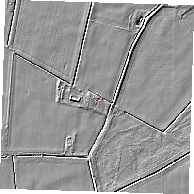 Shaded relief map of the ground around PE128EX, computed from Environment Agency LiDAR. The ground here sits at about 4 m above sea level and falls 4 m across the surrounding 800 m. Surface water reaching this point runs off ground lying to the west, 1.7 m higher.