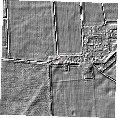 Shaded relief map of the ground around PE128EY, computed from Environment Agency LiDAR. The ground here sits at about 4 m above sea level and falls 3 m across the surrounding 800 m. Surface water reaching this point runs off ground lying to the south, 0.9 m higher.