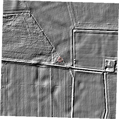 Shaded relief map of the ground around PE128EZ, computed from Environment Agency LiDAR. The ground here sits at about 4 m above sea level and falls 3 m across the surrounding 800 m. The ground contributing surface water to this point lies to the north-west.