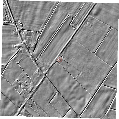Shaded relief map of the ground around PE128FB, computed from Environment Agency LiDAR. The ground here sits at about 2 m above sea level and falls 3 m across the surrounding 800 m. Surface water reaching this point runs off ground lying to the west, 2.0 m higher.