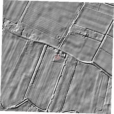 Shaded relief map of the ground around PE128FD, computed from Environment Agency LiDAR. The ground here sits at about 2 m above sea level and falls 3 m across the surrounding 800 m. Surface water reaching this point runs off ground lying to the north, 0.8 m higher.
