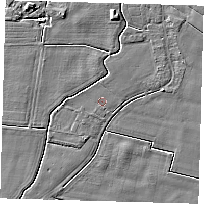 Shaded relief map of the ground around PE128FF, computed from Environment Agency LiDAR. The ground here sits at about 3 m above sea level and falls 6 m across the surrounding 800 m. The ground contributing surface water to this point lies to the north-east.