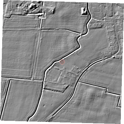 Shaded relief map of the ground around PE128FG, computed from Environment Agency LiDAR. The ground here sits at about 3 m above sea level and falls 6 m across the surrounding 800 m. Surface water reaching this point runs off ground lying to the north-north-east, 6.0 m higher.
