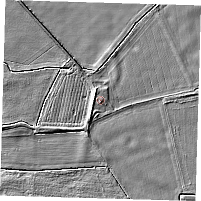 Shaded relief map of the ground around PE128HA, computed from Environment Agency LiDAR. The ground here sits at about 4 m above sea level and falls 5 m across the surrounding 800 m. Surface water reaching this point runs off ground lying to the west-north-west, 2.2 m higher.