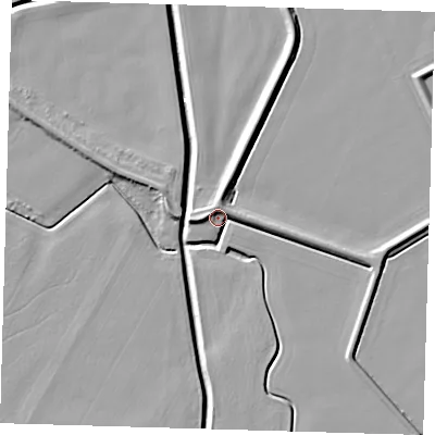 Shaded relief map of the ground around PE128HD, computed from Environment Agency LiDAR. The ground here sits at about 4 m above sea level and falls 7 m across the surrounding 800 m. Surface water reaching this point runs off ground lying to the west-north-west, 5.6 m higher.