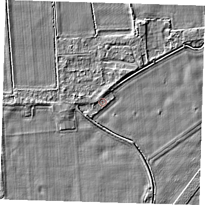 Shaded relief map of the ground around PE128HE, computed from Environment Agency LiDAR. The ground here sits at about 4 m above sea level and falls 3 m across the surrounding 800 m. Surface water reaching this point runs off ground lying to the west, 1.9 m higher.