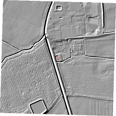 Shaded relief map of the ground around PE128HF, computed from Environment Agency LiDAR. The ground here sits at about 3 m above sea level and falls 6 m across the surrounding 800 m. Surface water reaching this point runs off ground lying to the west, 1.6 m higher.