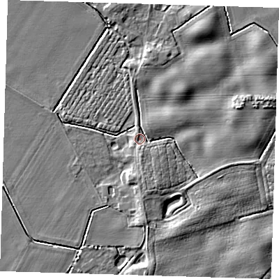 Shaded relief map of the ground around PE128JE, computed from Environment Agency LiDAR. The ground here sits at about 4 m above sea level and falls 5 m across the surrounding 800 m. Surface water reaching this point runs off ground lying to the east-north-east, 4.4 m higher.