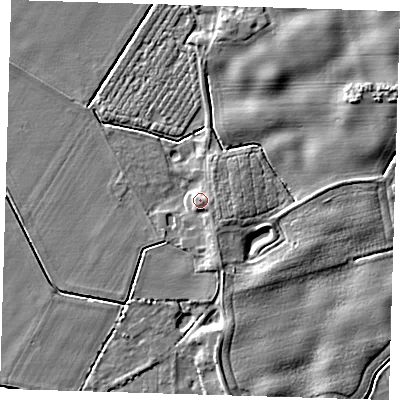 Shaded relief map of the ground around PE128JF, computed from Environment Agency LiDAR. The ground here sits at about 5 m above sea level and falls 5 m across the surrounding 800 m. Surface water reaching this point runs off ground lying to the south-south-east, 2.7 m higher.