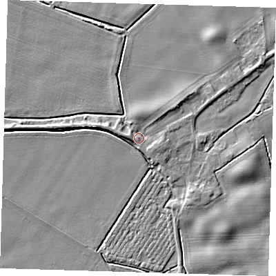 Shaded relief map of the ground around PE128JG, computed from Environment Agency LiDAR. The ground here sits at about 4 m above sea level and falls 5 m across the surrounding 800 m. Surface water reaching this point runs off ground lying to the north-east, 2.2 m higher.