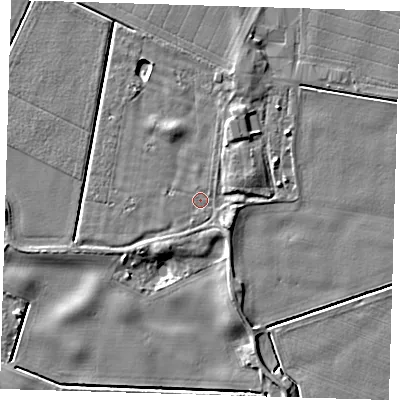 Shaded relief map of the ground around PE128JH, computed from Environment Agency LiDAR. The ground here sits at about 4 m above sea level and falls 5 m across the surrounding 800 m. The ground contributing surface water to this point lies to the south-south-east.