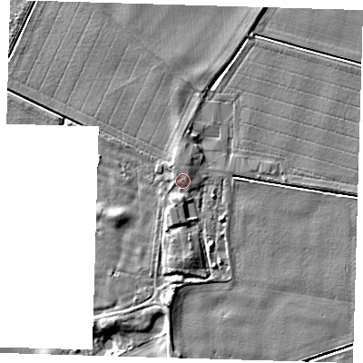 Shaded relief map of the ground around PE128JJ, computed from Environment Agency LiDAR. The ground here sits at about 5 m above sea level and falls 5 m across the surrounding 800 m. Surface water reaching this point runs off ground lying to the north, 1.2 m higher.