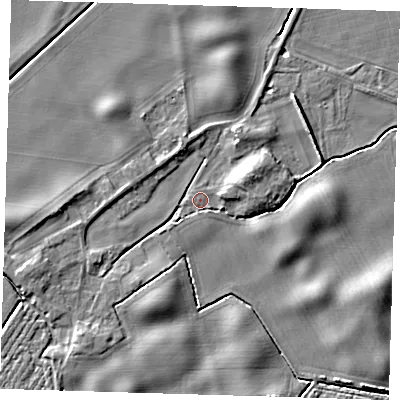 Shaded relief map of the ground around PE128JN, computed from Environment Agency LiDAR. The ground here sits at about 4 m above sea level and falls 5 m across the surrounding 800 m. Surface water reaching this point runs off ground lying to the east-north-east, 4.4 m higher.