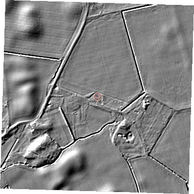 Shaded relief map of the ground around PE128JP, computed from Environment Agency LiDAR. The ground here sits at about 4 m above sea level and falls 5 m across the surrounding 800 m. Surface water reaching this point runs off ground lying to the east, 3.4 m higher.