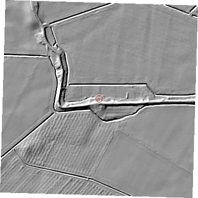 Shaded relief map of the ground around PE128JQ, computed from Environment Agency LiDAR. The ground here sits at about 4 m above sea level and falls 5 m across the surrounding 800 m. Surface water reaching this point runs off ground lying to the south-south-east, 3.3 m higher.