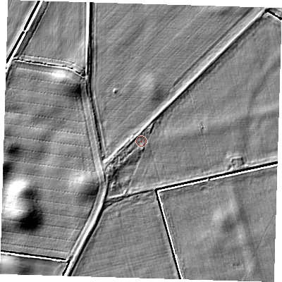Shaded relief map of the ground around PE128JR, computed from Environment Agency LiDAR. The ground here sits at about 4 m above sea level and falls 5 m across the surrounding 800 m. Surface water reaching this point runs off ground lying to the west-south-west, 0.6 m higher.