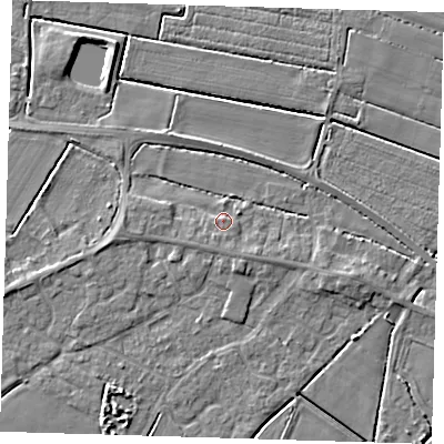 Shaded relief map of the ground around PE128JS, computed from Environment Agency LiDAR. The ground here sits at about 4 m above sea level and falls 4 m across the surrounding 800 m. Surface water reaching this point runs off ground lying to the south-south-west, 1.5 m higher.