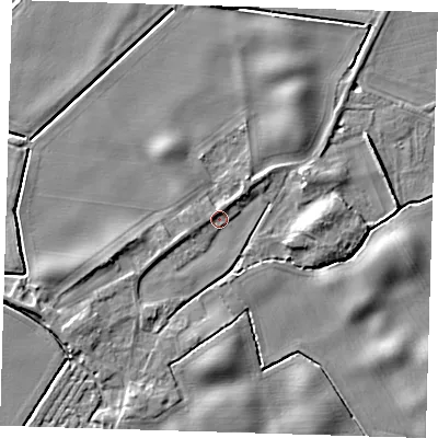 Shaded relief map of the ground around PE128JT, computed from Environment Agency LiDAR. The ground here sits at about 4 m above sea level and falls 6 m across the surrounding 800 m. Surface water reaching this point runs off ground lying to the south-west, 2.3 m higher.