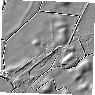 Shaded relief map of the ground around PE128JU, computed from Environment Agency LiDAR. The ground here sits at about 4 m above sea level and falls 6 m across the surrounding 800 m. Surface water reaching this point runs off ground lying to the east-south-east, 1.8 m higher.