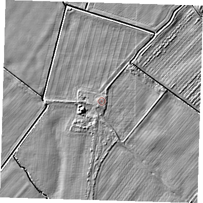 Shaded relief map of the ground around PE128JW, computed from Environment Agency LiDAR. The ground here sits at about 4 m above sea level and falls 5 m across the surrounding 800 m. Surface water reaching this point runs off ground lying to the south-west, 0.9 m higher.