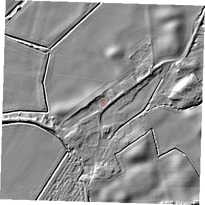 Shaded relief map of the ground around PE128JX, computed from Environment Agency LiDAR. The ground here sits at about 4 m above sea level and falls 6 m across the surrounding 800 m. Surface water reaching this point runs off ground lying to the north-north-west, 2.1 m higher.