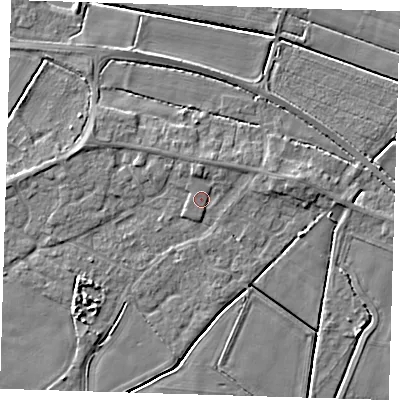 Shaded relief map of the ground around PE128JZ, computed from Environment Agency LiDAR. The ground here sits at about 4 m above sea level and falls 4 m across the surrounding 800 m. Surface water reaching this point runs off ground lying to the north, 1.8 m higher.