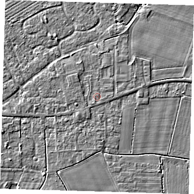 Shaded relief map of the ground around PE128LA, computed from Environment Agency LiDAR. The ground here sits at about 3 m above sea level and falls 3 m across the surrounding 800 m. Surface water reaching this point runs off ground lying to the east-north-east, 0.9 m higher.