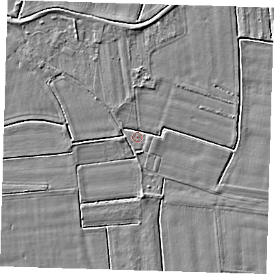 Shaded relief map of the ground around PE128LB, computed from Environment Agency LiDAR. The ground here sits at about 3 m above sea level and falls 3 m across the surrounding 800 m. Surface water reaching this point runs off ground lying to the south, 2.4 m higher.