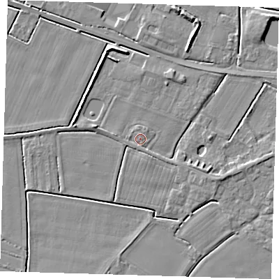 Shaded relief map of the ground around PE128LD, computed from Environment Agency LiDAR. The ground here sits at about 3 m above sea level and falls 5 m across the surrounding 800 m. Surface water reaching this point runs off ground lying to the west-south-west, 1.2 m higher.