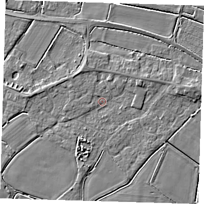 Shaded relief map of the ground around PE128LG, computed from Environment Agency LiDAR. The ground here sits at about 3 m above sea level and falls 4 m across the surrounding 800 m. Surface water reaching this point runs off ground lying to the north-west, 1.8 m higher.