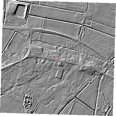 Shaded relief map of the ground around PE128LH, computed from Environment Agency LiDAR. The ground here sits at about 4 m above sea level and falls 4 m across the surrounding 800 m. Surface water reaching this point runs off ground lying to the south-east, 1.2 m higher.