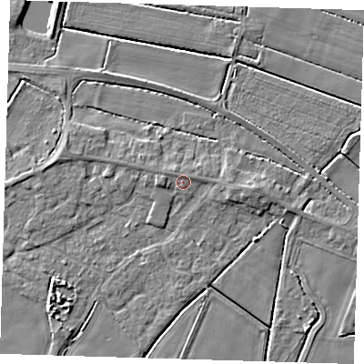 Shaded relief map of the ground around PE128LJ, computed from Environment Agency LiDAR. The ground here sits at about 4 m above sea level and falls 4 m across the surrounding 800 m. Surface water reaching this point runs off ground lying to the west-north-west, 1.1 m higher.