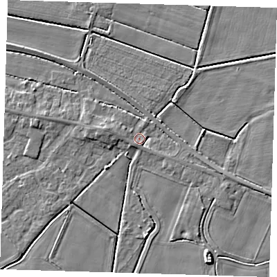 Shaded relief map of the ground around PE128LL, computed from Environment Agency LiDAR. The ground here sits at about 3 m above sea level and falls 5 m across the surrounding 800 m. Surface water reaching this point runs off ground lying to the south-west, 2.3 m higher.