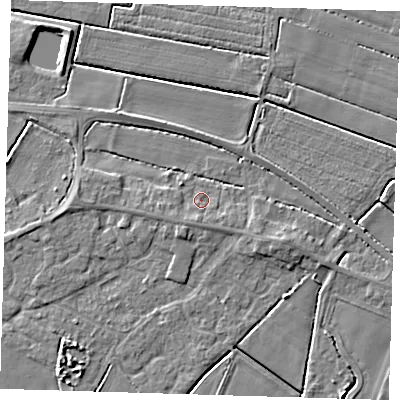 Shaded relief map of the ground around PE128LP, computed from Environment Agency LiDAR. The ground here sits at about 4 m above sea level and falls 4 m across the surrounding 800 m. Surface water reaching this point runs off ground lying to the south, 1.4 m higher.