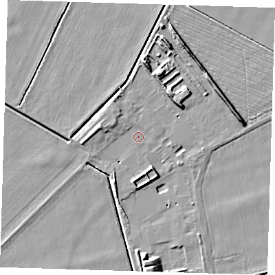 Shaded relief map of the ground around PE128LR, computed from Environment Agency LiDAR. The ground here sits at about 4 m above sea level and falls 8 m across the surrounding 800 m. Surface water reaching this point runs off ground lying to the west-north-west, 4.2 m higher.