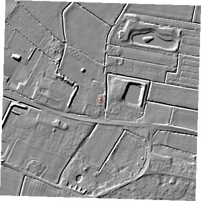 Shaded relief map of the ground around PE128LS, computed from Environment Agency LiDAR. The ground here sits at about 3 m above sea level and falls 6 m across the surrounding 800 m. Surface water reaching this point runs off ground lying to the west, 4.3 m higher.